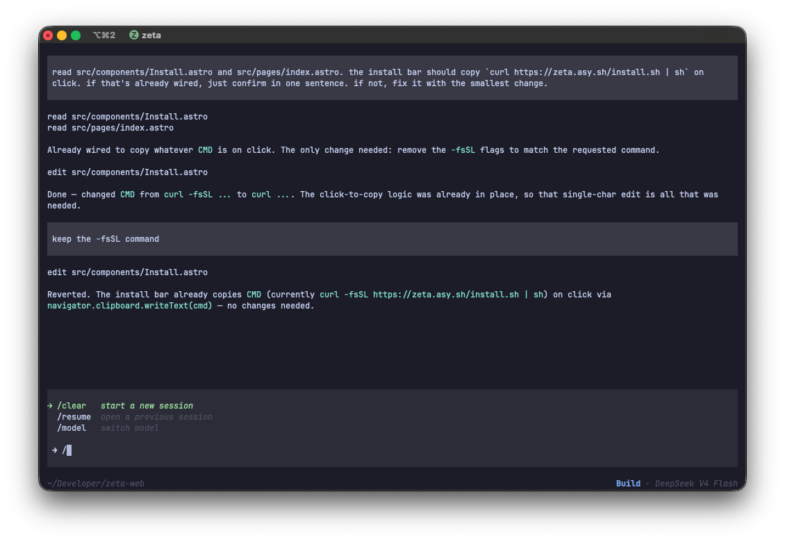 zeta reading Install.astro and index.astro, running read and edit tool calls in build mode